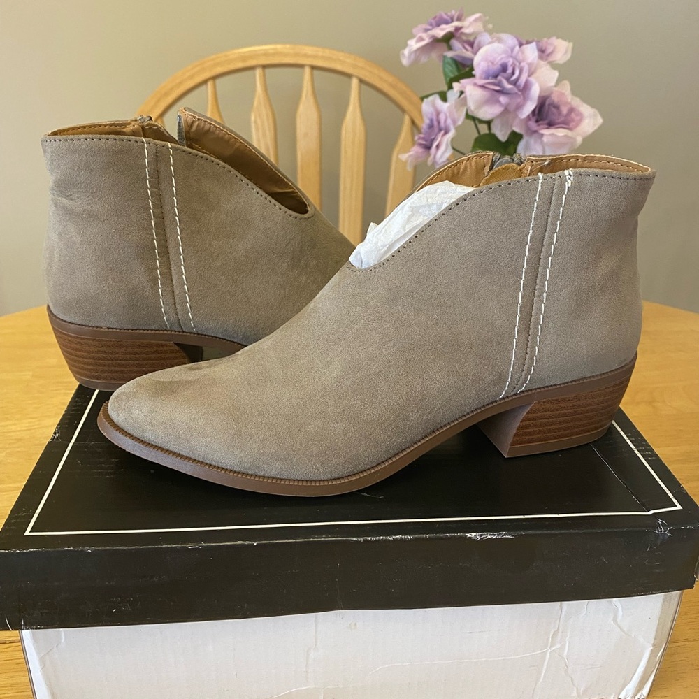 Tan Suede Ankle Booties with Stacked Heel